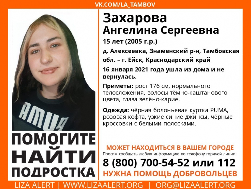 В Тамбовской области пропала 15-летняя девушка